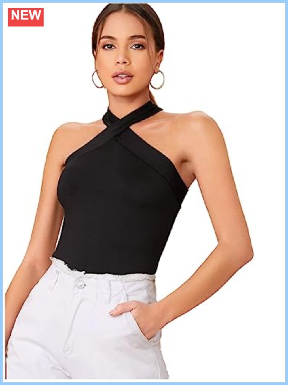 Women's Solid Criss Cross Halter Top Sleeveless Tee Shirt Slim Fit
